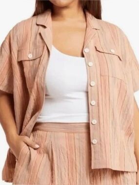 Madewell Stripe Cotton Linen Camp Shirt XL Ground Clay Casual Coastal Resort